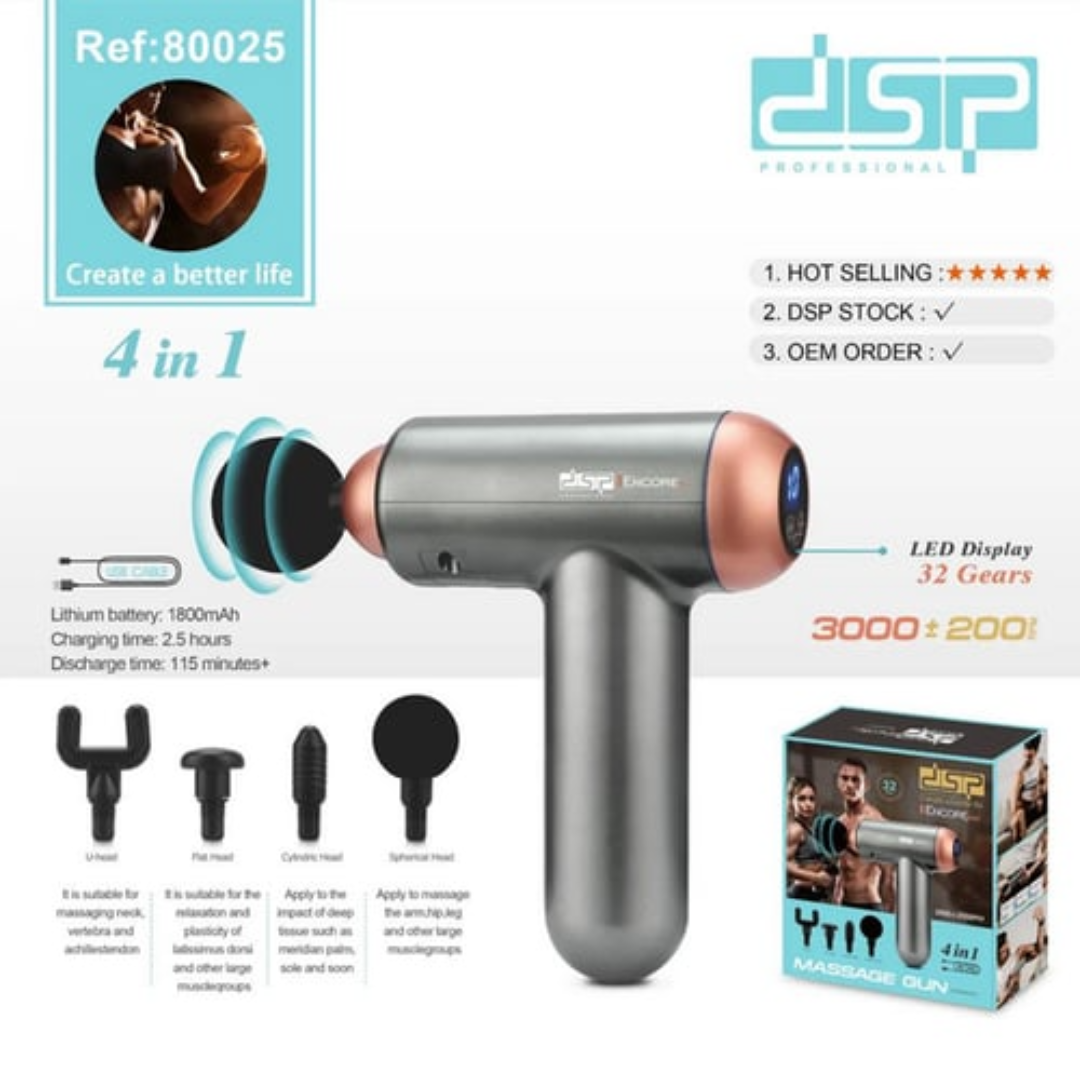 DSP 80025 4-in-1 Deep Tissue Massage Gun with 32 Speed Levels, 4 Attachments, 3000 RPM, Long Battery Life