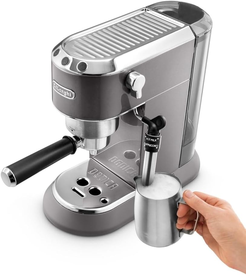 De'Longhi Dedica Arte Espresso Machine - MyLatteArt Milk Foam Nozzle, Precision Steam Wand, Steel Tamper Included, Grey - Create Perfect Espresso, Cappuccinos, and Latte Art at Home - EC885.GY