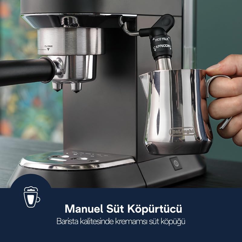 De'Longhi Dedica Arte Espresso Machine - MyLatteArt Milk Foam Nozzle, Precision Steam Wand, Steel Tamper Included, Grey - Create Perfect Espresso, Cappuccinos, and Latte Art at Home - EC885.GY