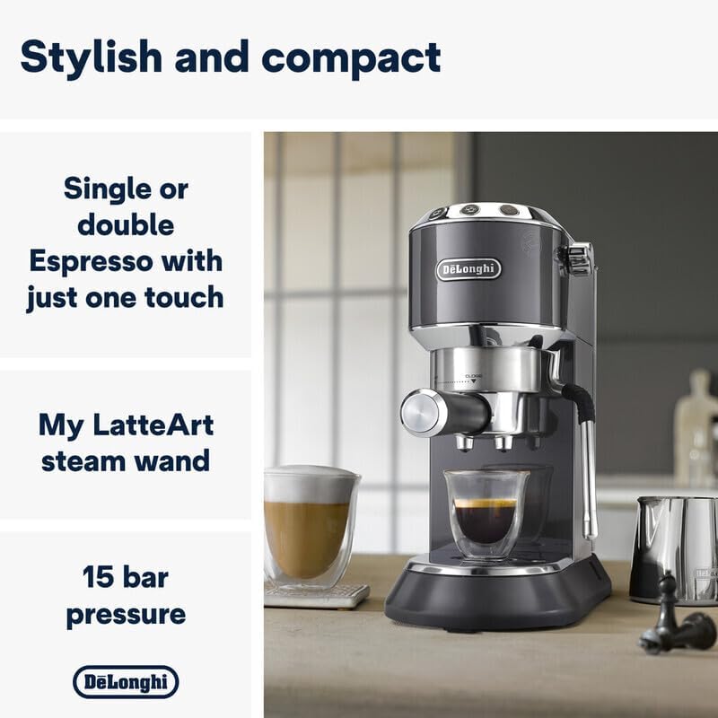 De'Longhi Dedica Arte Espresso Machine - MyLatteArt Milk Foam Nozzle, Precision Steam Wand, Steel Tamper Included, Grey - Create Perfect Espresso, Cappuccinos, and Latte Art at Home - EC885.GY