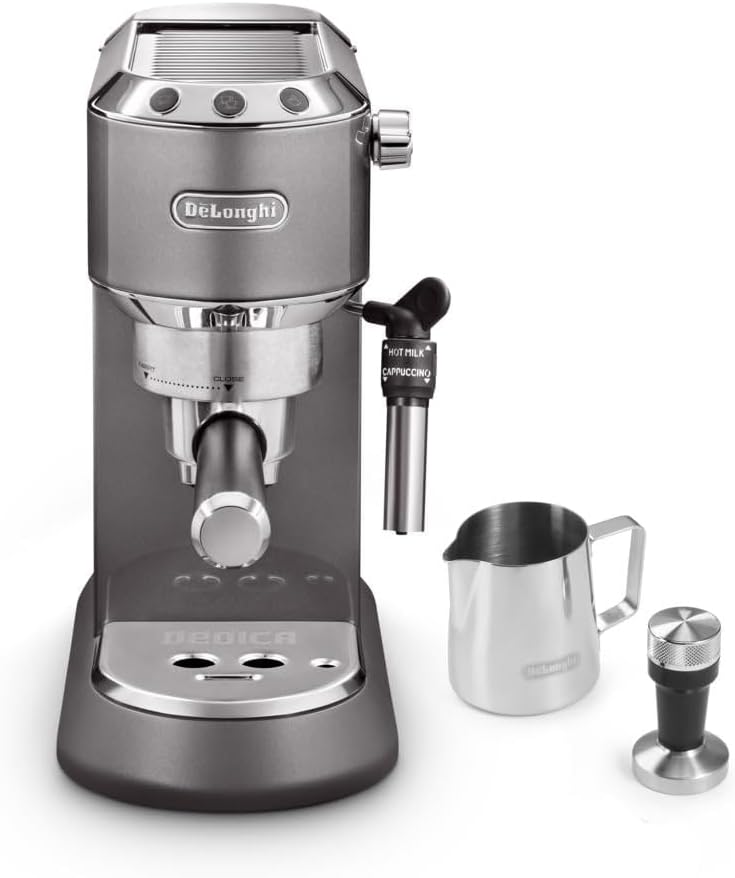 De'Longhi Dedica Arte Espresso Machine - MyLatteArt Milk Foam Nozzle, Precision Steam Wand, Steel Tamper Included, Grey - Create Perfect Espresso, Cappuccinos, and Latte Art at Home - EC885.GY