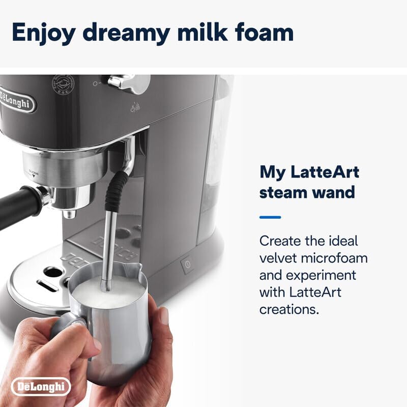 De'Longhi Dedica Arte Espresso Machine - MyLatteArt Milk Foam Nozzle, Precision Steam Wand, Steel Tamper Included, Grey - Create Perfect Espresso, Cappuccinos, and Latte Art at Home - EC885.GY