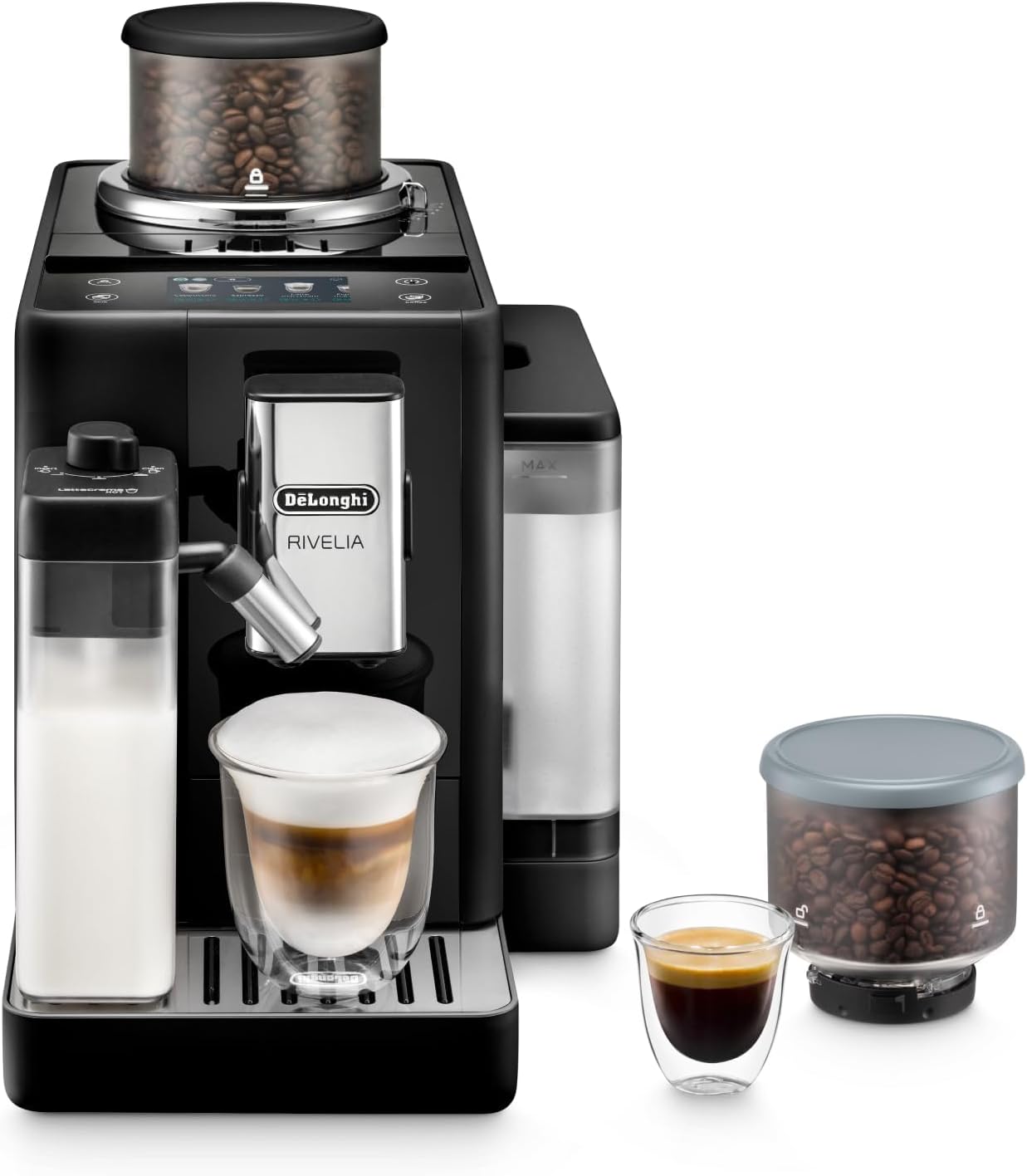 De'Longhi Rivelia EXAM440.55.BG Fully Automatic Coffee Machine – LatteCrema Hot, Automatic Milk Frother, Bean-to-Cup, 16 Coffee Recipes, Compact Design, Full Touch Color Display – Sand Beige