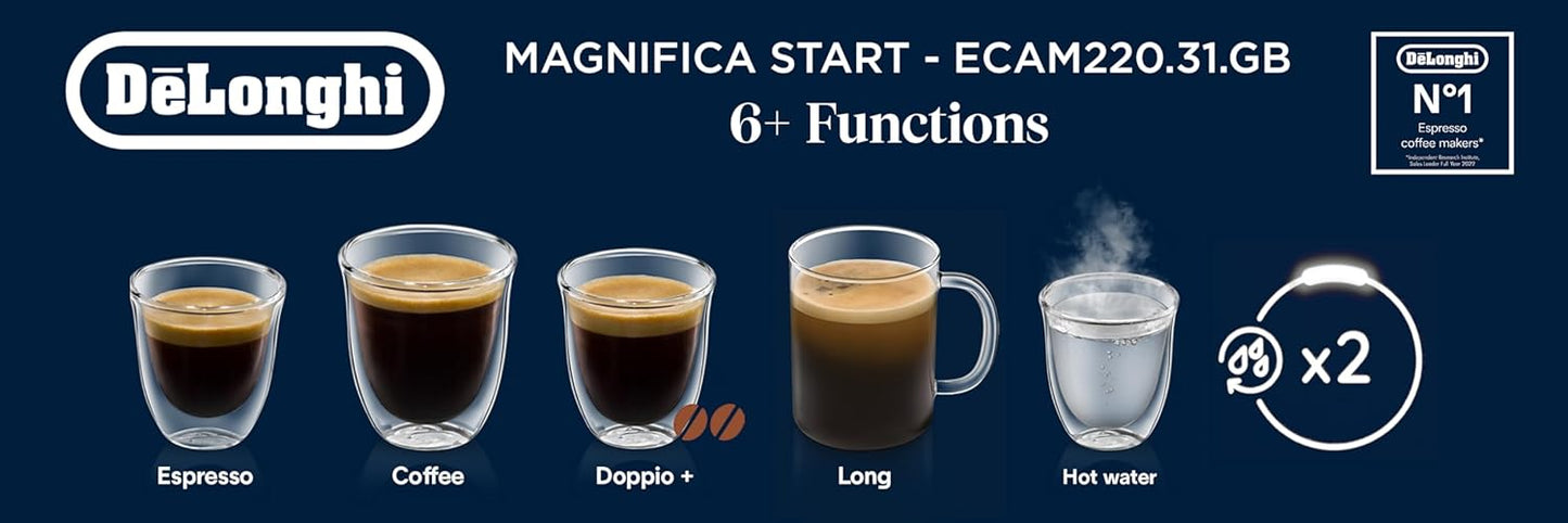 De'Longhi Fully Automatic Coffee Machine MAGNIFICA START Bean to Cup Espresso Machine, 6+ Functions for Espresso, Americano, Cappuccino, Latte, Macchiato & More Recipes ECAM220.60.B (Made in Europe)