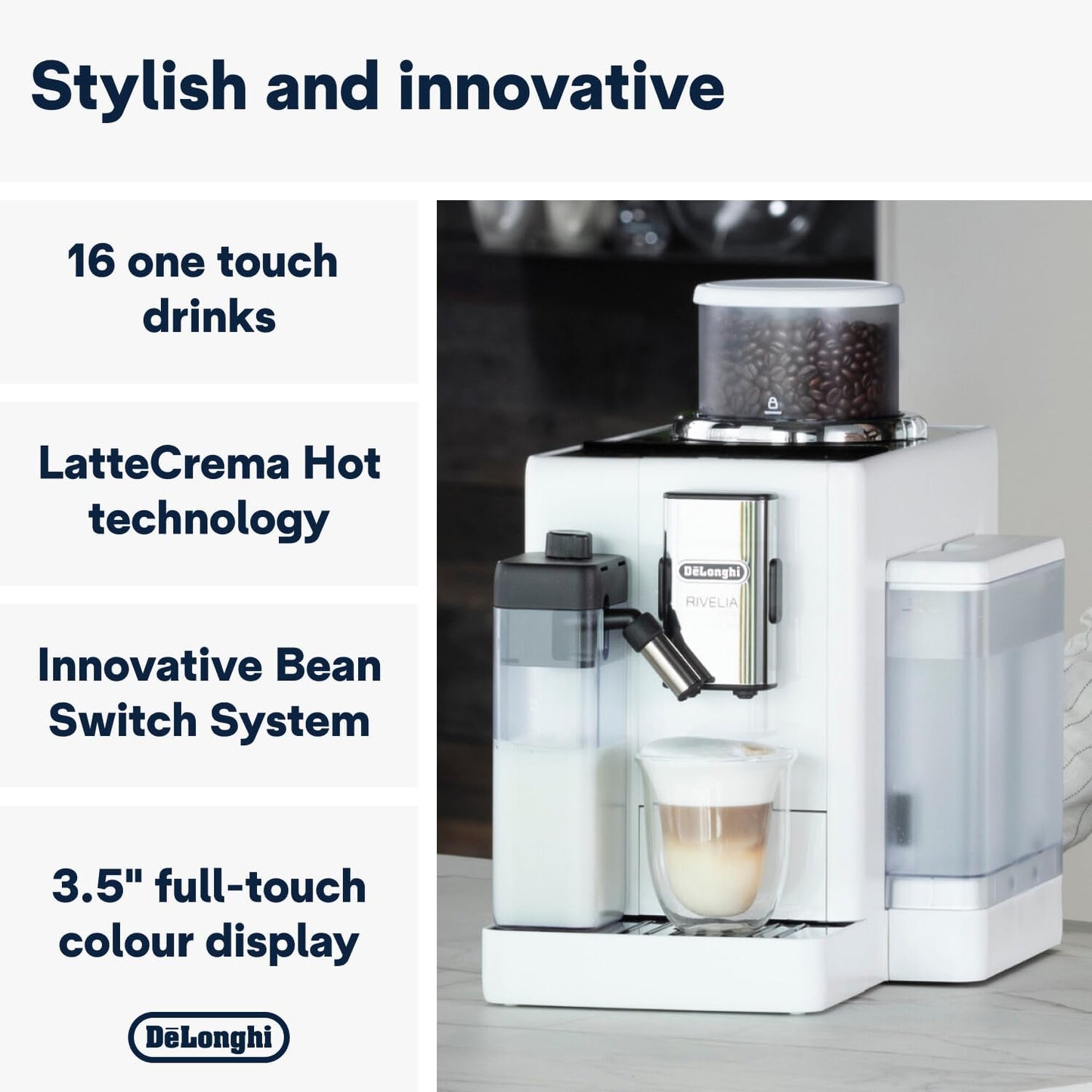 De'Longhi Rivelia EXAM440.55.BG Fully Automatic Coffee Machine – LatteCrema Hot, Automatic Milk Frother, Bean-to-Cup, 16 Coffee Recipes, Compact Design, Full Touch Color Display – Sand Beige