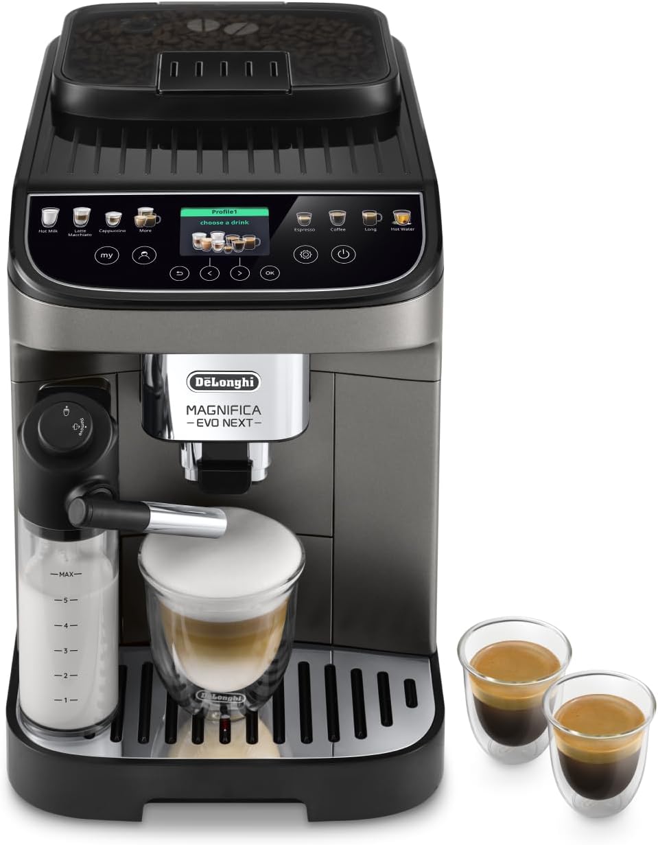 De'Longhi Magnifica Evo Next ECAM312.80.TB, Automatic Coffee Machine With Automatic Milk Frother, Bean To Cup Coffee and Cappuccino Machine with Intuitive Touch Display, Black/Titanium