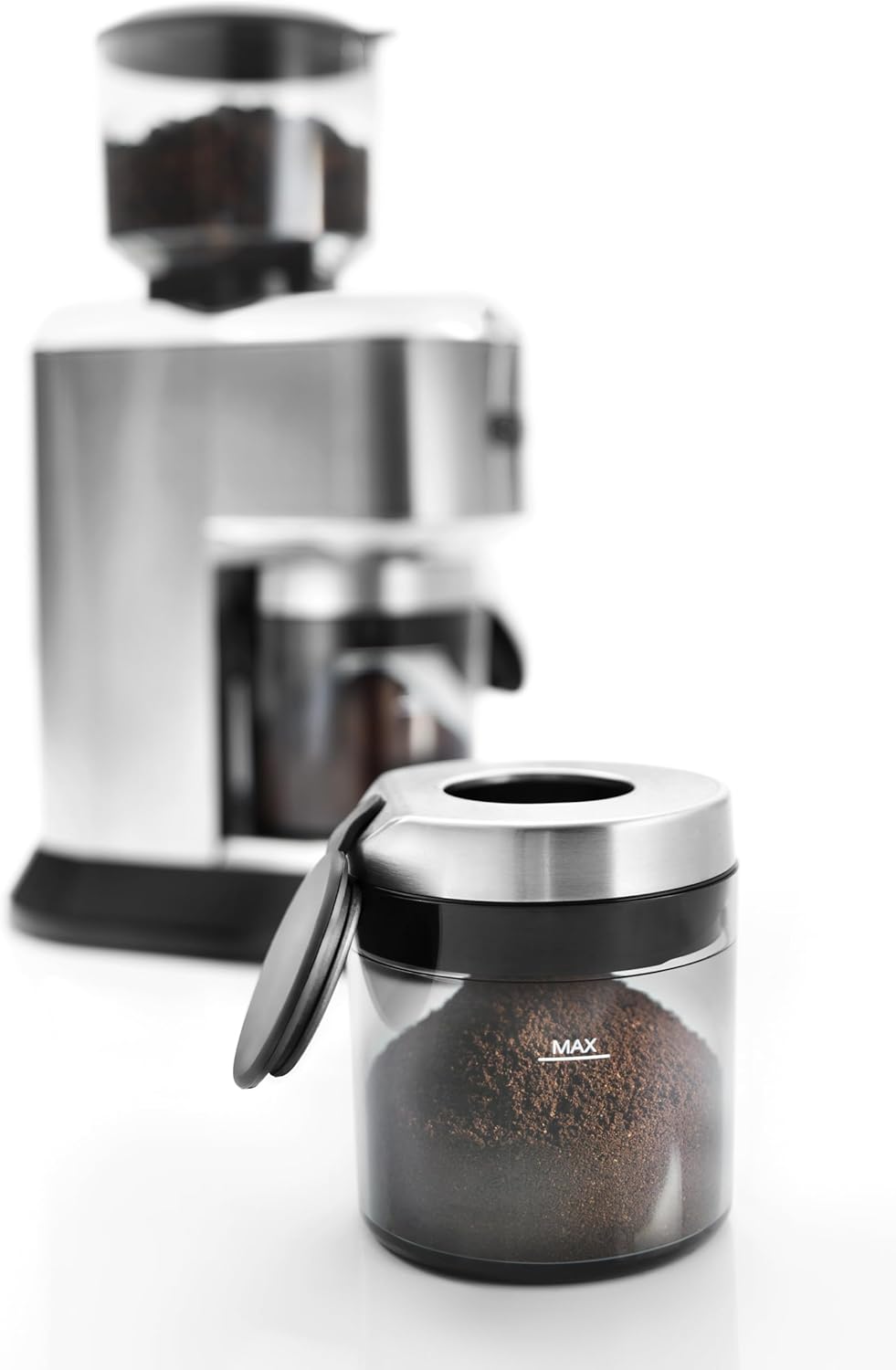 De'Longhi Electric Coffee Grinder, 110W, Burr Grinding System, 12 Settings, Stainless Steel Blade, 12 Cup Capacity, 120g Bean Container, Removable Transparent Lid – KG79, Black