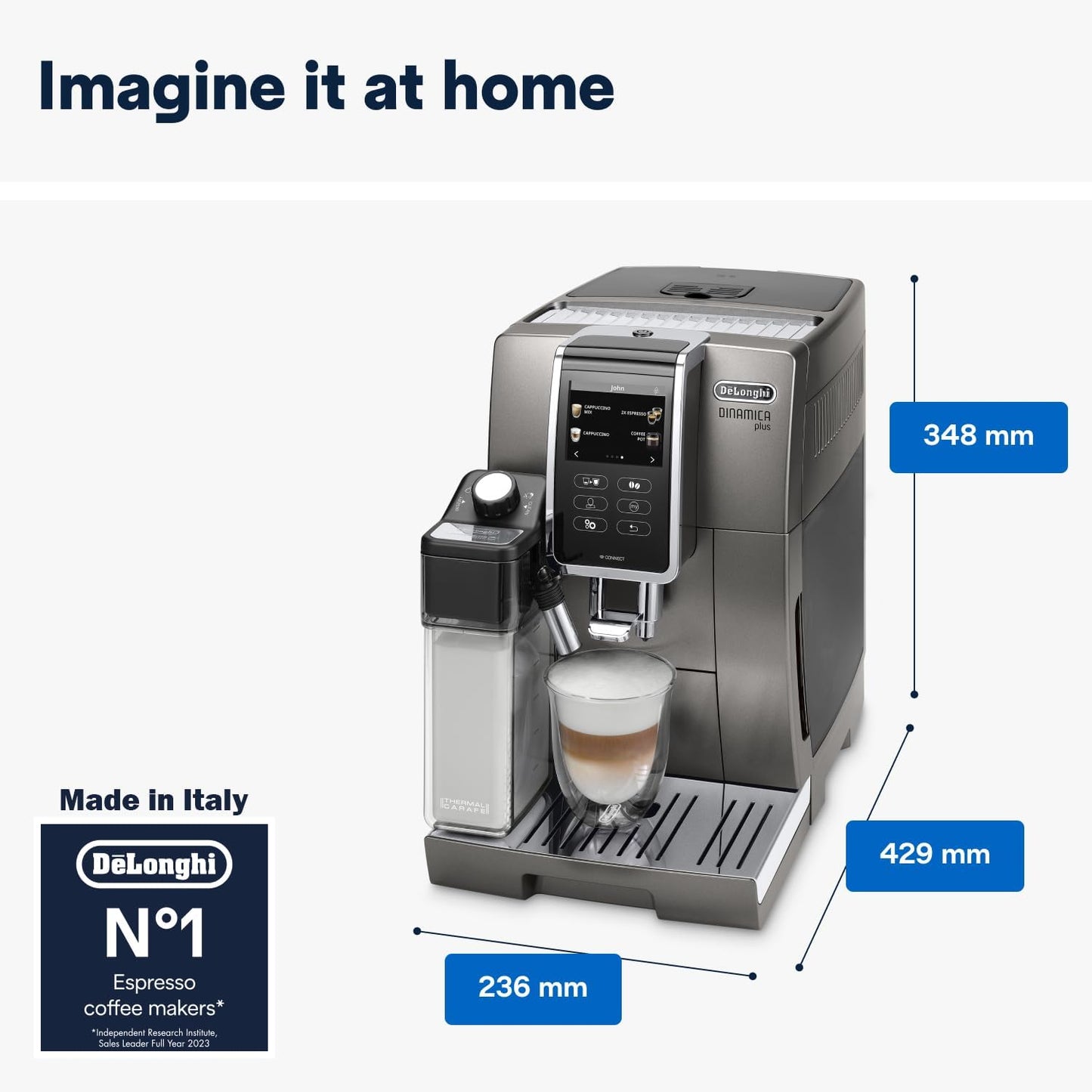 De'Longhi Fully Automatic Coffee Machine DINAMICA PLUS Bean to Cup Espresso, 18+ Pre-Set One Touch Recipes for Americano, Cappuccino, Latte, Macchiato & More (Made in Europe)