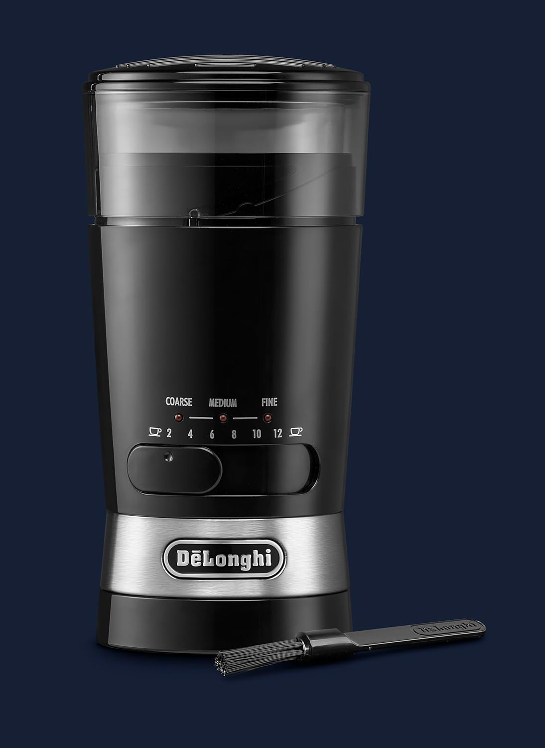 De'Longhi Electric Coffee Grinder, 110W, Burr Grinding System, 12 Settings, Stainless Steel Blade, 12 Cup Capacity, 120g Bean Container, Removable Transparent Lid – KG79, Black