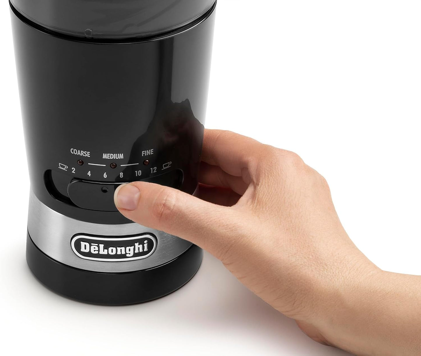 De'Longhi Electric Coffee Grinder, 110W, Burr Grinding System, 12 Settings, Stainless Steel Blade, 12 Cup Capacity, 120g Bean Container, Removable Transparent Lid – KG79, Black