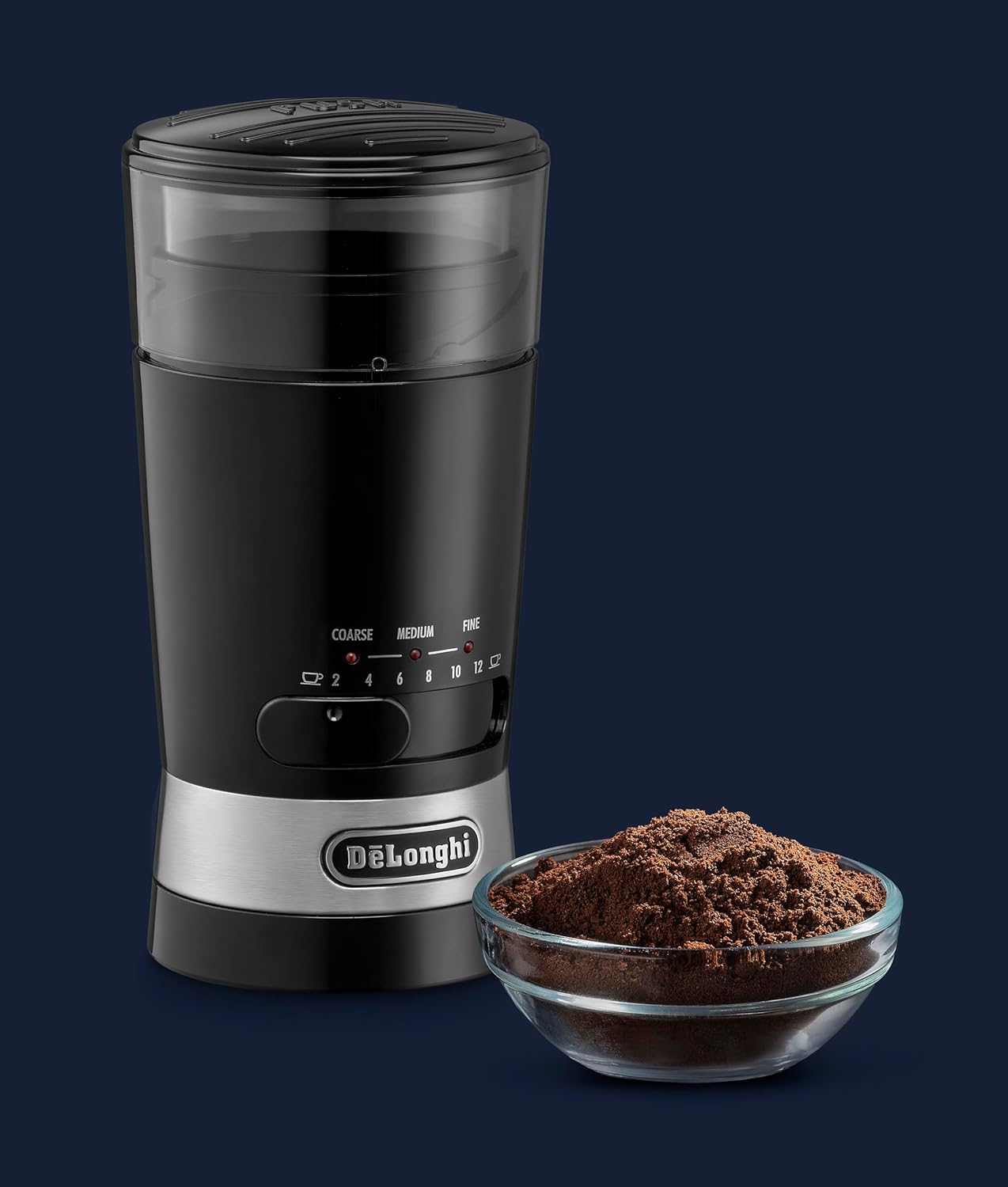 De'Longhi Electric Coffee Grinder, 110W, Burr Grinding System, 12 Settings, Stainless Steel Blade, 12 Cup Capacity, 120g Bean Container, Removable Transparent Lid – KG79, Black