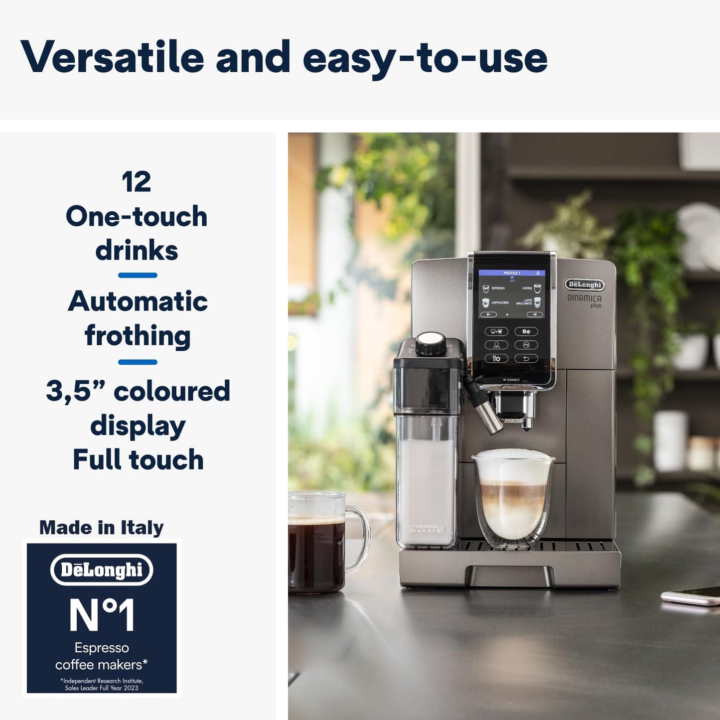 De'Longhi Fully Automatic Coffee Machine DINAMICA PLUS Bean to Cup Espresso, 18+ Pre-Set One Touch Recipes for Americano, Cappuccino, Latte, Macchiato & More (Made in Europe)
