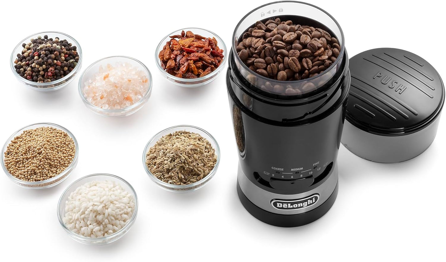 De'Longhi Electric Coffee Grinder, 110W, Burr Grinding System, 12 Settings, Stainless Steel Blade, 12 Cup Capacity, 120g Bean Container, Removable Transparent Lid – KG79, Black