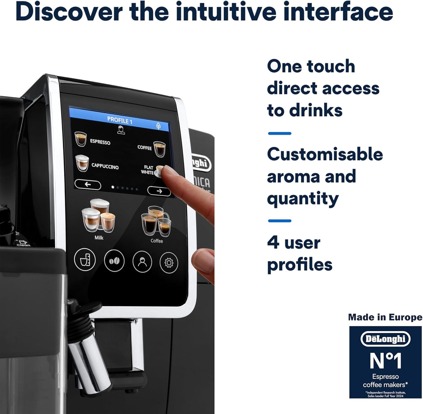 De'Longhi Fully Automatic Coffee Machine DINAMICA PLUS Bean to Cup Espresso, 18+ Pre-Set One Touch Recipes for Americano, Cappuccino, Latte, Macchiato & More (Made in Europe)