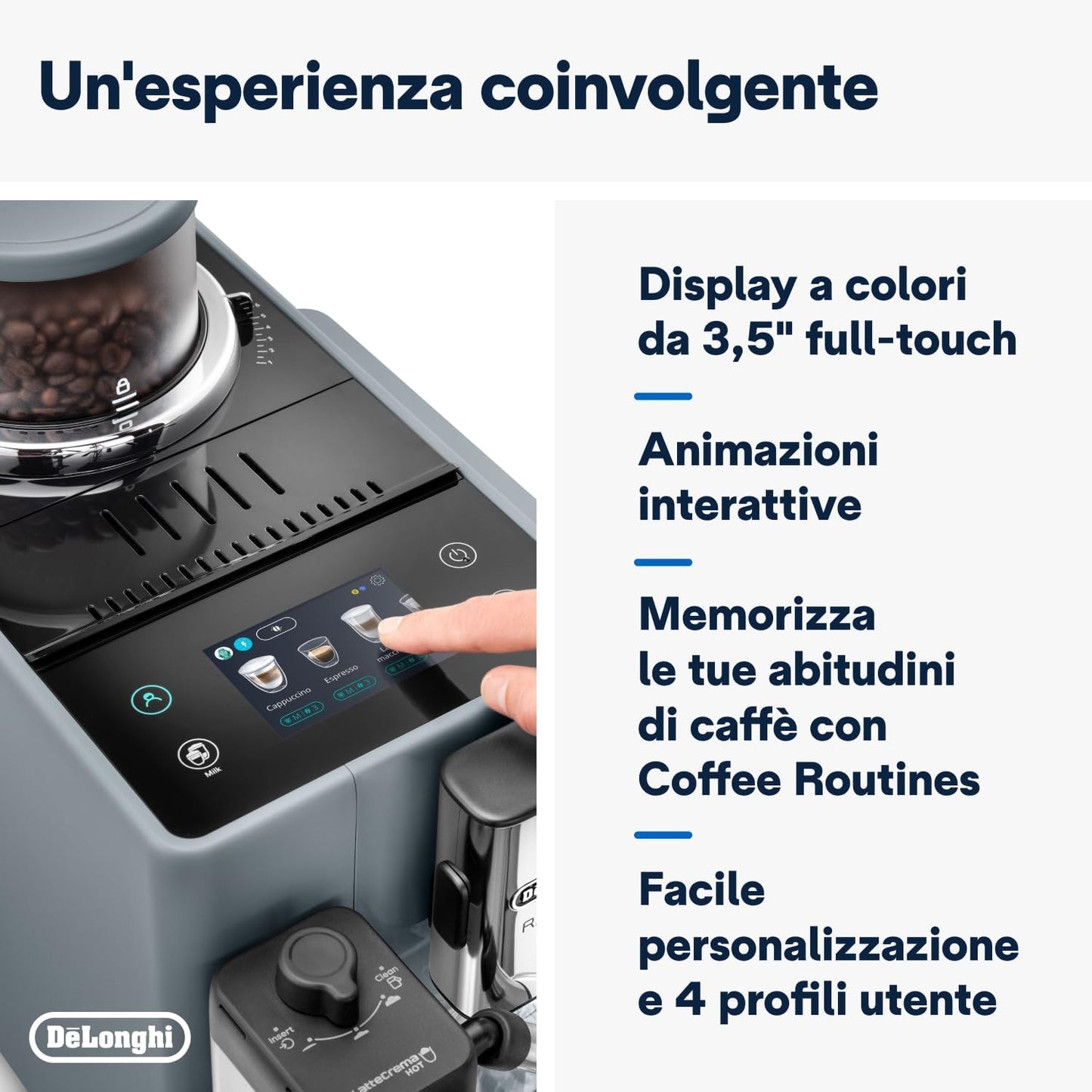 De'Longhi Rivelia EXAM440.55.BG Fully Automatic Coffee Machine – LatteCrema Hot, Automatic Milk Frother, Bean-to-Cup, 16 Coffee Recipes, Compact Design, Full Touch Color Display – Sand Beige