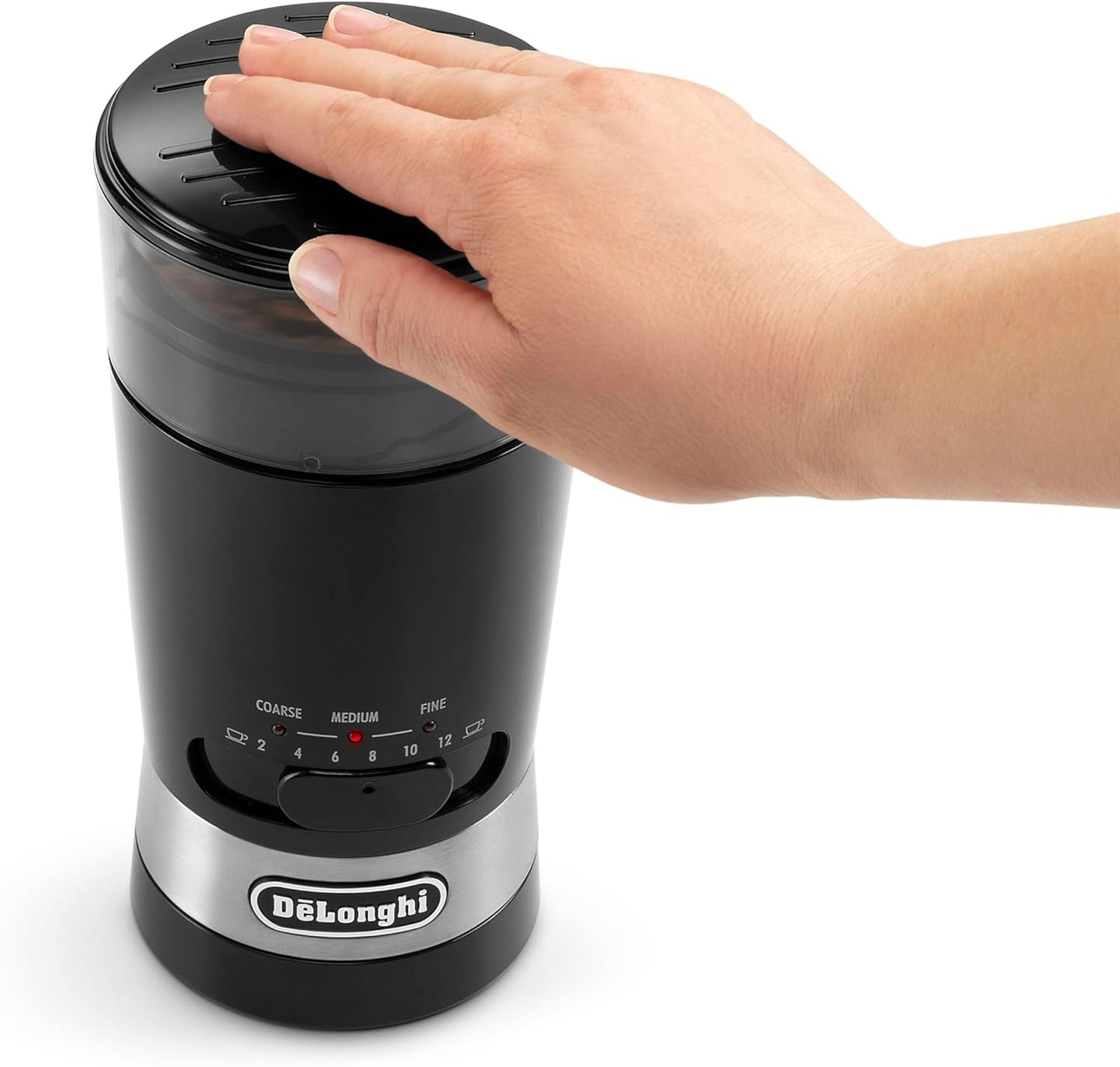 De'Longhi Electric Coffee Grinder, 110W, Burr Grinding System, 12 Settings, Stainless Steel Blade, 12 Cup Capacity, 120g Bean Container, Removable Transparent Lid – KG79, Black