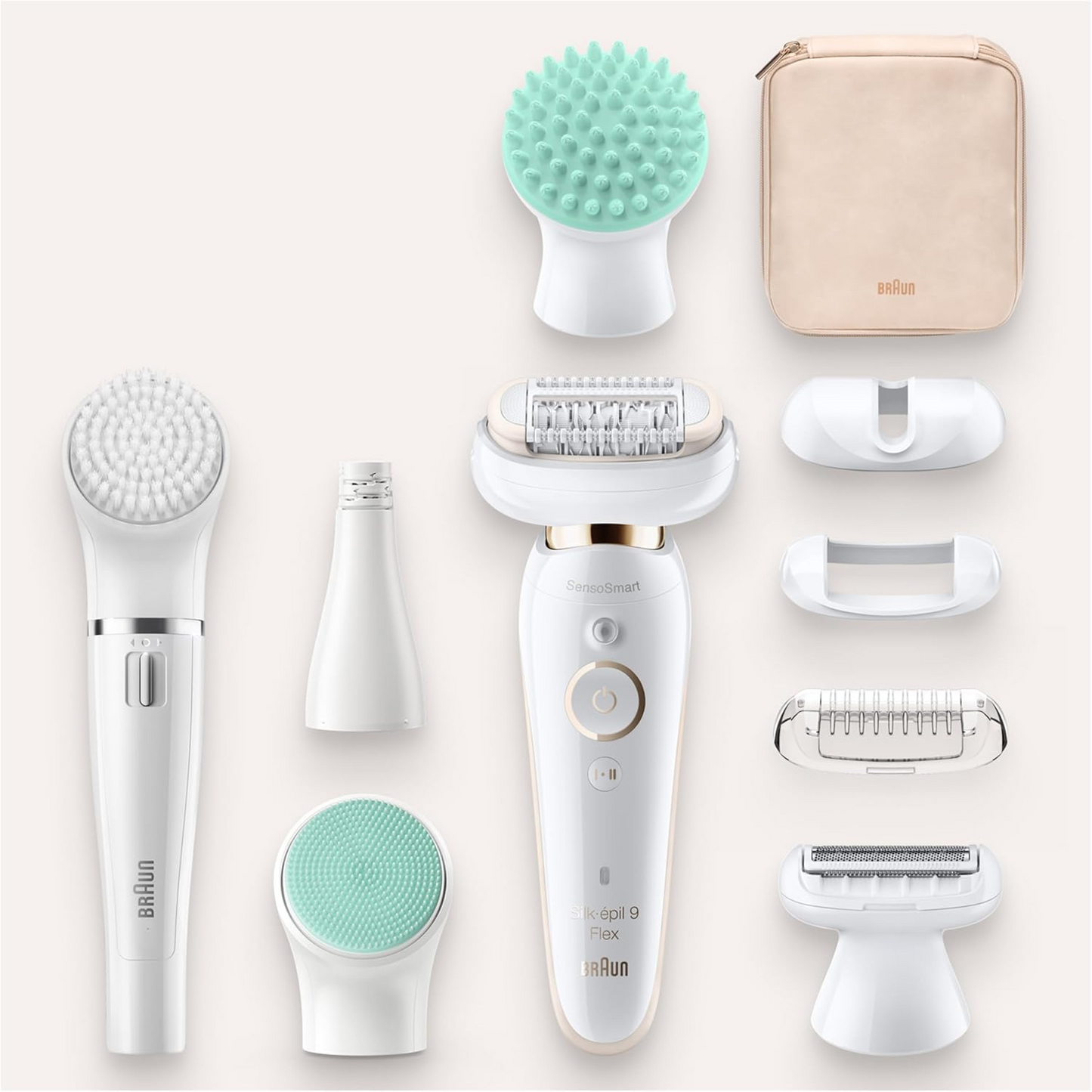 Braun Silk-épil 9 Flex Beauty Set 9300 – Women’s Epilator with Fully Flexible Head, FaceSpa, Shaver & Massage Attachments (White/Gold)