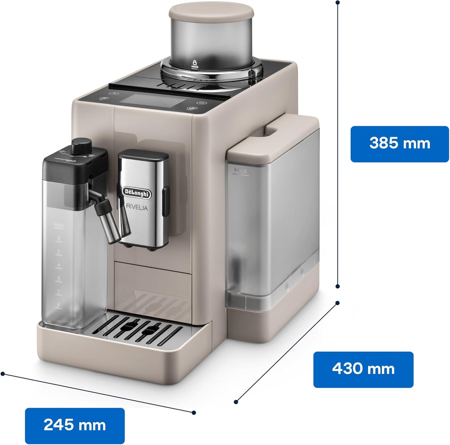 De'Longhi Rivelia EXAM440.55.BG Fully Automatic Coffee Machine – LatteCrema Hot, Automatic Milk Frother, Bean-to-Cup, 16 Coffee Recipes, Compact Design, Full Touch Color Display – Sand Beige