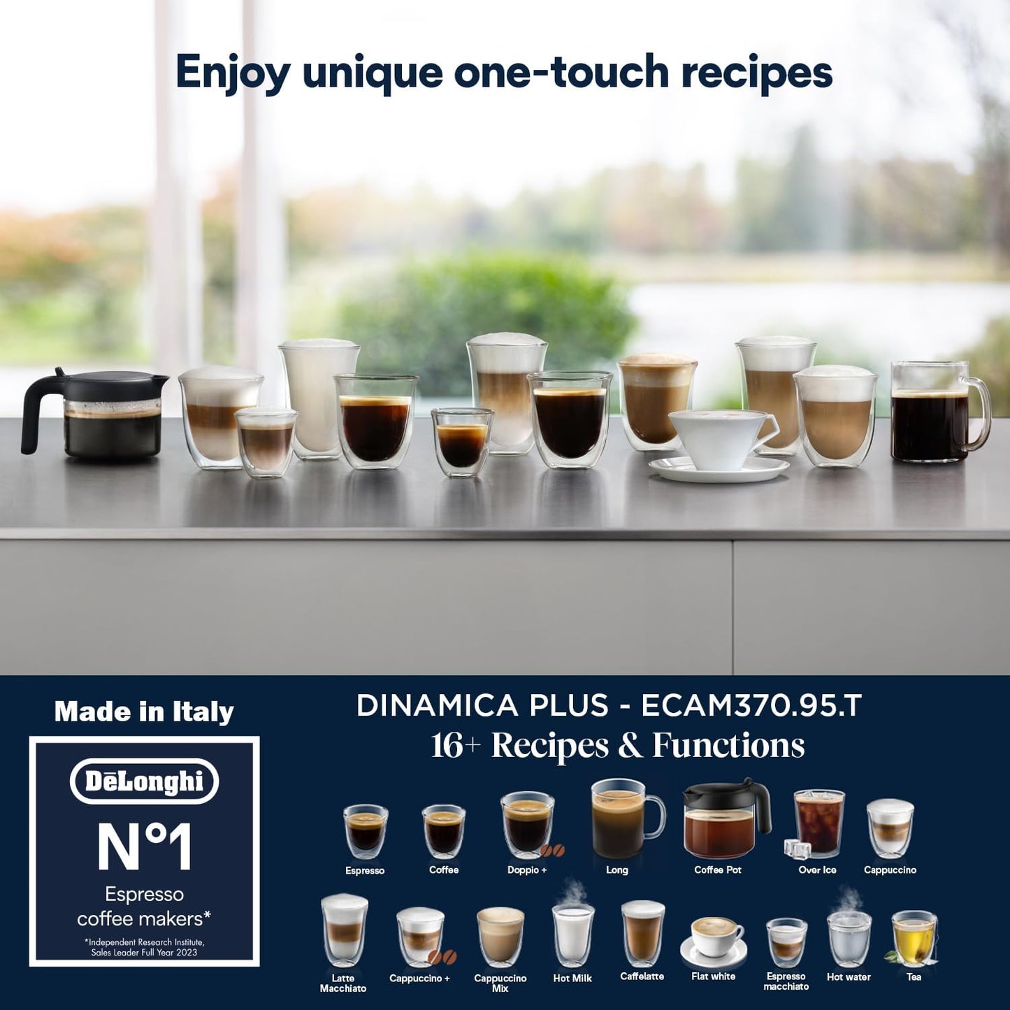 De'Longhi Fully Automatic Coffee Machine DINAMICA PLUS Bean to Cup Espresso, 18+ Pre-Set One Touch Recipes for Americano, Cappuccino, Latte, Macchiato & More (Made in Europe)