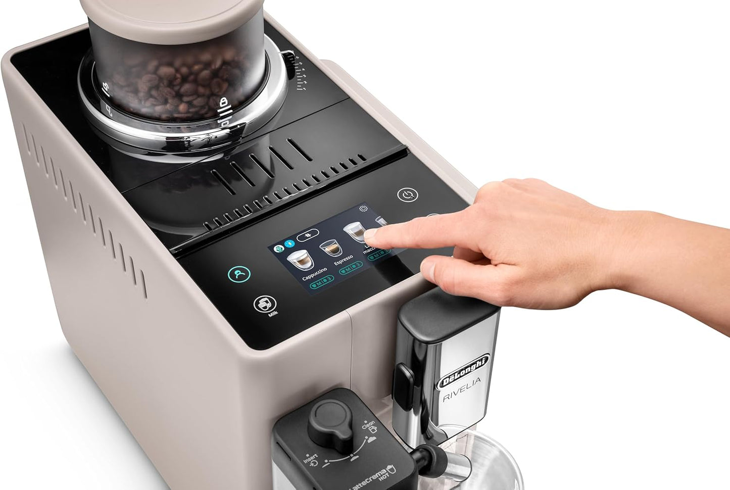 De'Longhi Rivelia EXAM440.55.BG Fully Automatic Coffee Machine – LatteCrema Hot, Automatic Milk Frother, Bean-to-Cup, 16 Coffee Recipes, Compact Design, Full Touch Color Display – Sand Beige