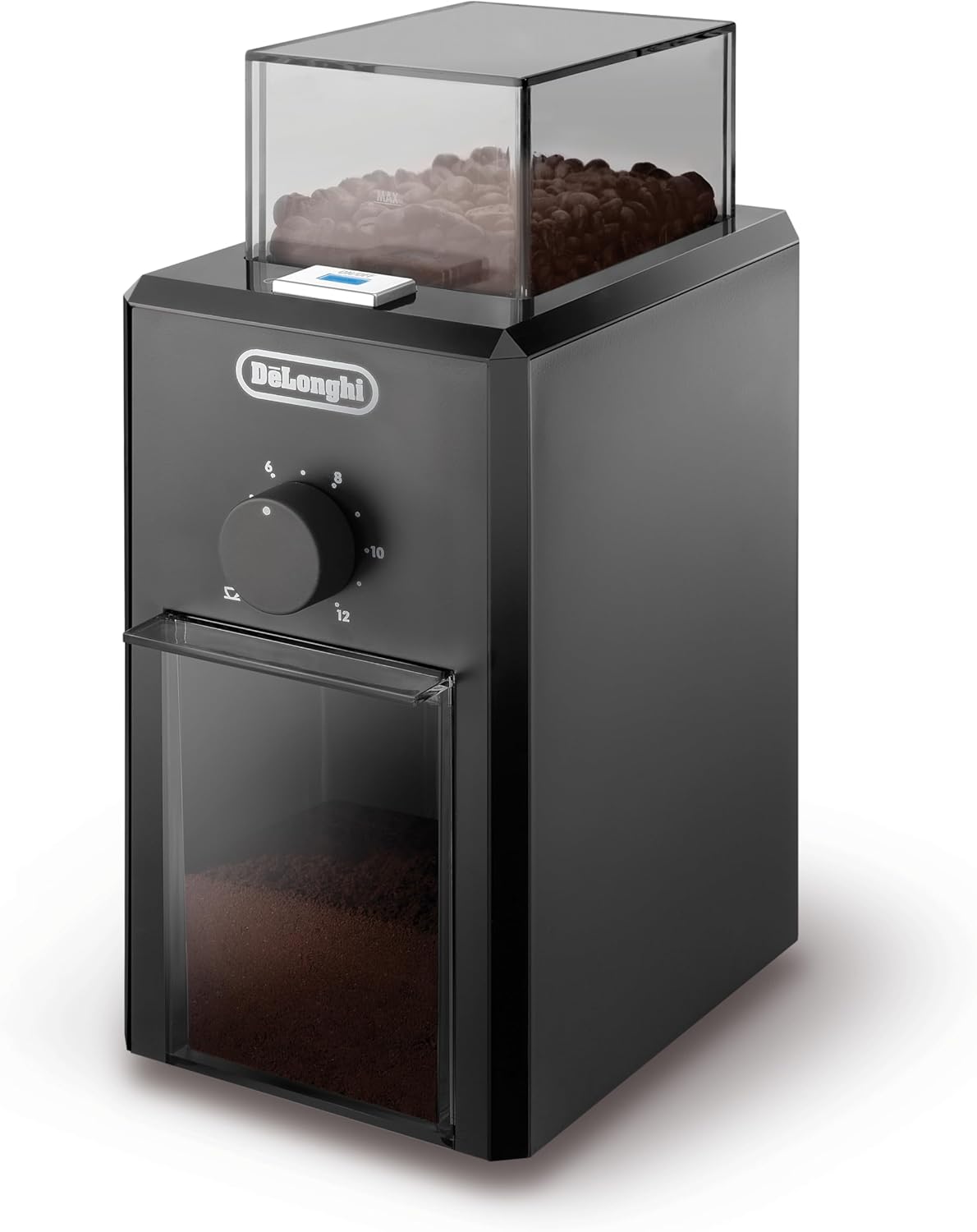 De'Longhi Electric Coffee Grinder, 110W, Burr Grinding System, 12 Settings, Stainless Steel Blade, 12 Cup Capacity, 120g Bean Container, Removable Transparent Lid – KG79, Black