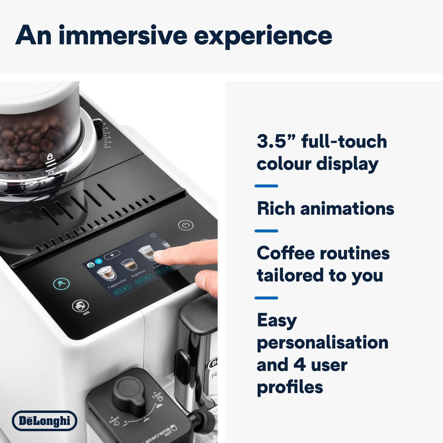 De'Longhi Rivelia EXAM440.55.BG Fully Automatic Coffee Machine – LatteCrema Hot, Automatic Milk Frother, Bean-to-Cup, 16 Coffee Recipes, Compact Design, Full Touch Color Display – Sand Beige