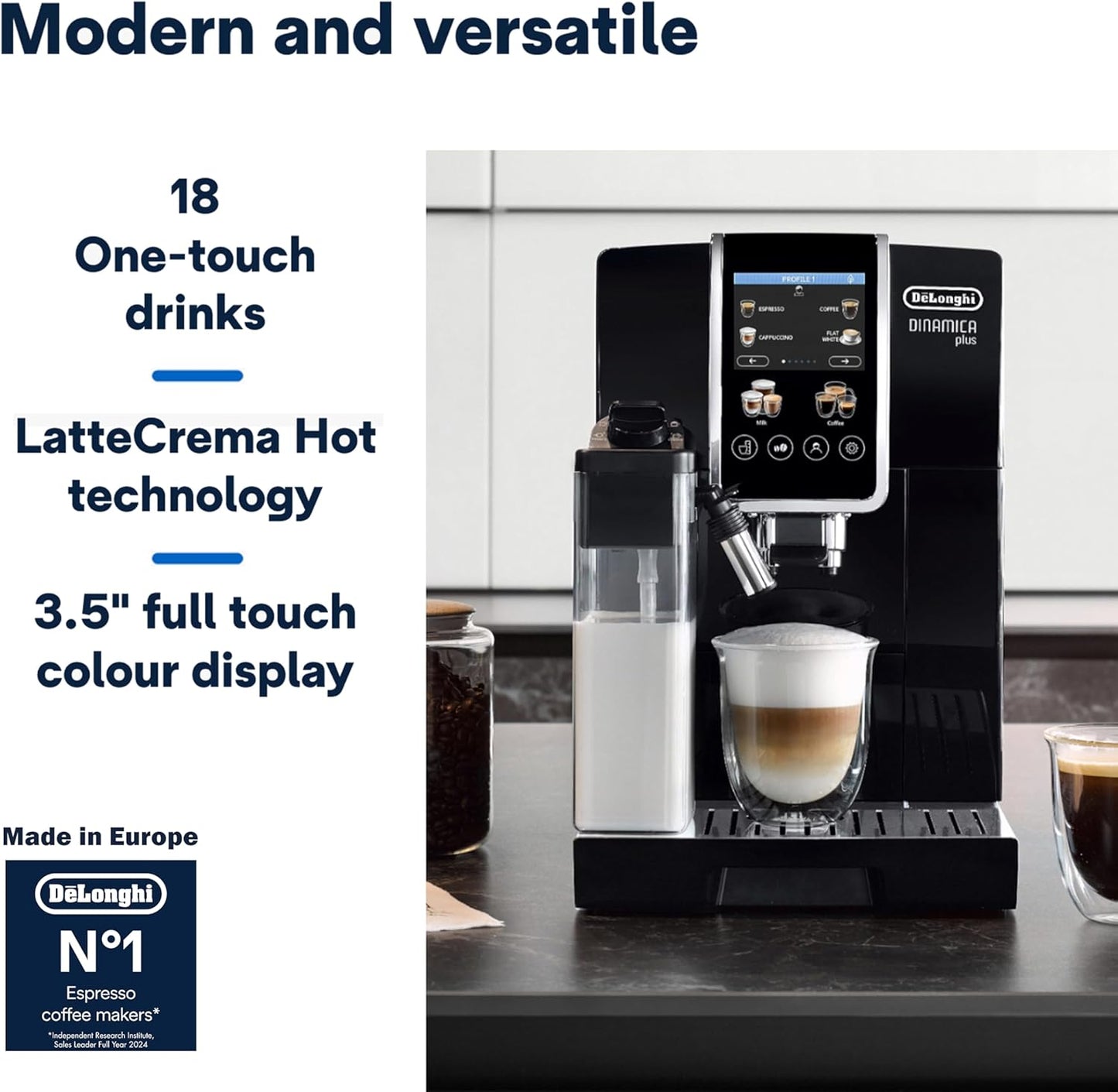 De'Longhi Fully Automatic Coffee Machine DINAMICA PLUS Bean to Cup Espresso, 18+ Pre-Set One Touch Recipes for Americano, Cappuccino, Latte, Macchiato & More (Made in Europe)