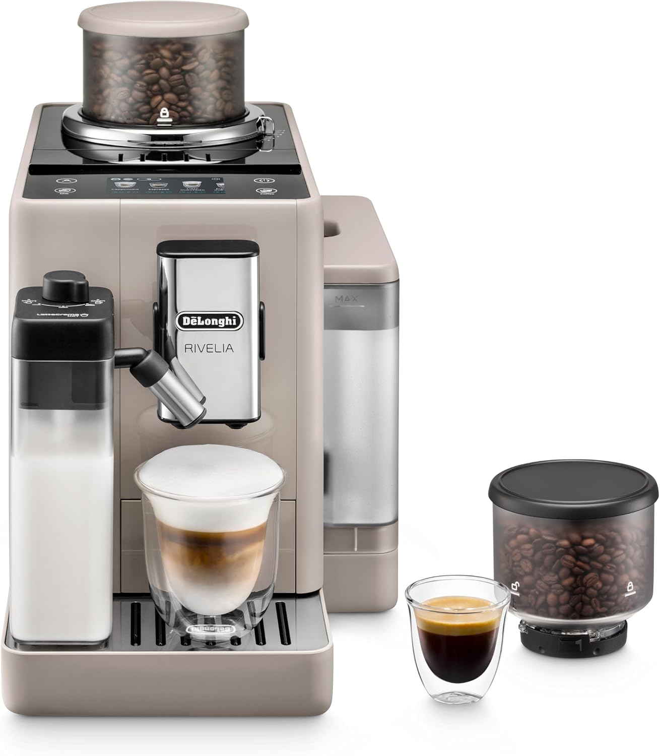 De'Longhi Rivelia EXAM440.55.BG Fully Automatic Coffee Machine – LatteCrema Hot, Automatic Milk Frother, Bean-to-Cup, 16 Coffee Recipes, Compact Design, Full Touch Color Display – Sand Beige