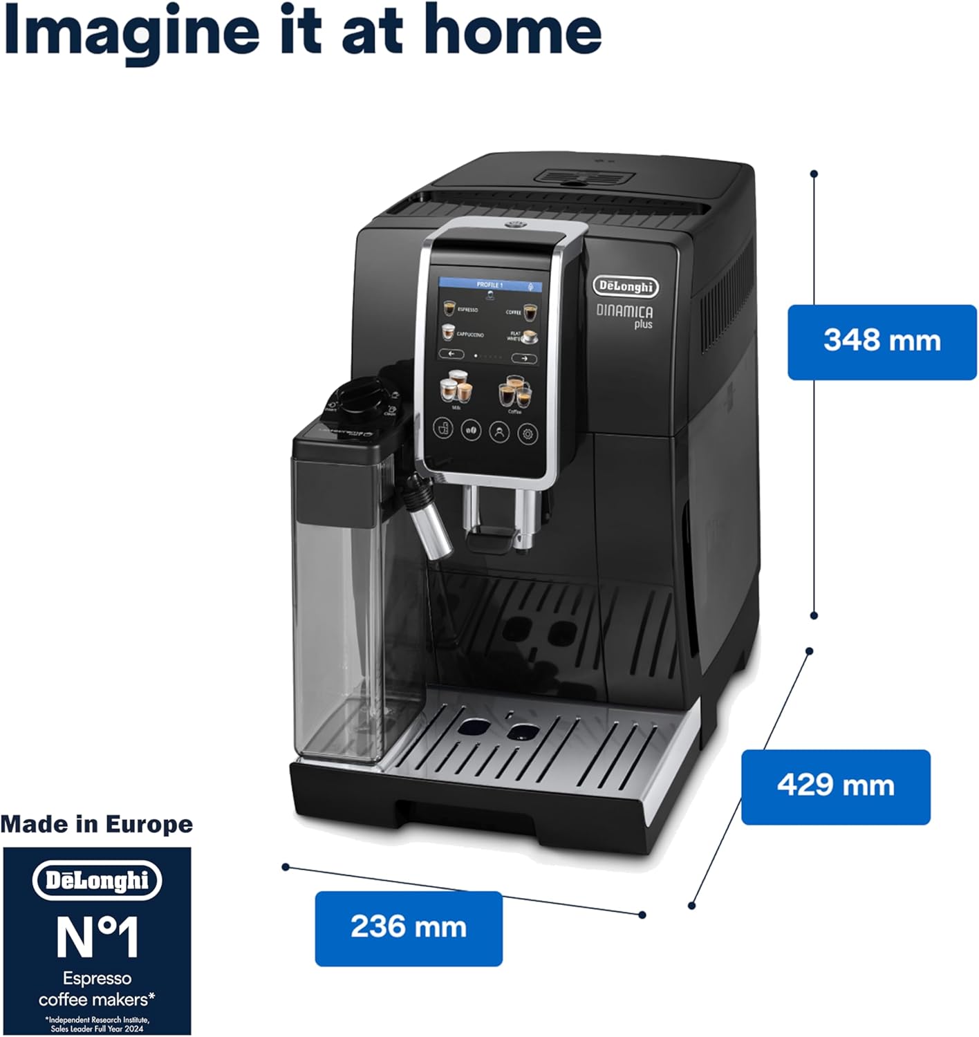 De'Longhi Fully Automatic Coffee Machine DINAMICA PLUS Bean to Cup Espresso, 18+ Pre-Set One Touch Recipes for Americano, Cappuccino, Latte, Macchiato & More (Made in Europe)