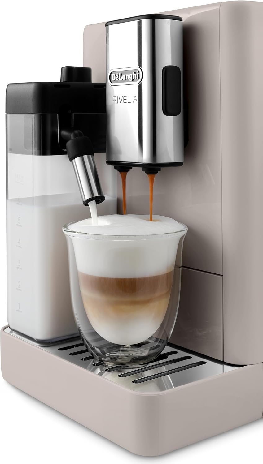 De'Longhi Rivelia EXAM440.55.BG Fully Automatic Coffee Machine – LatteCrema Hot, Automatic Milk Frother, Bean-to-Cup, 16 Coffee Recipes, Compact Design, Full Touch Color Display – Sand Beige