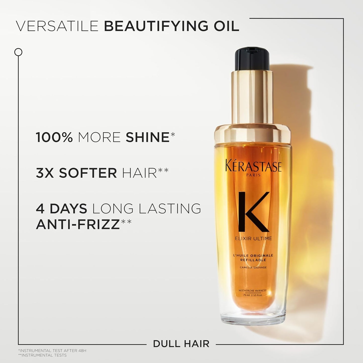 Kérastase Elixir Ultime, L'Huile Originale Refillable Hair Oil | Versatile Leave-In Oil to Smooth Frizz & Add Shine |Camellia, Marula and Argan Oils | For All Hair Types | 75ml