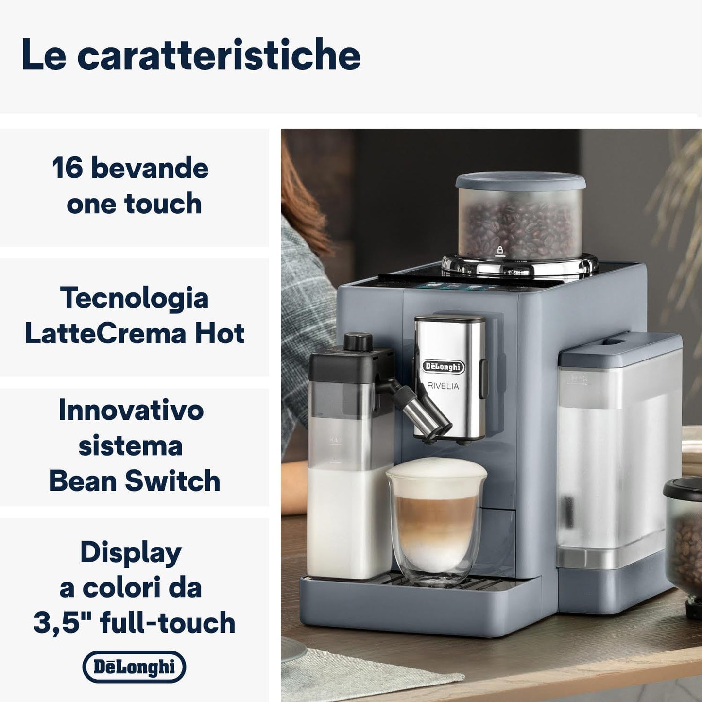 De'Longhi Rivelia EXAM440.55.BG Fully Automatic Coffee Machine – LatteCrema Hot, Automatic Milk Frother, Bean-to-Cup, 16 Coffee Recipes, Compact Design, Full Touch Color Display – Sand Beige
