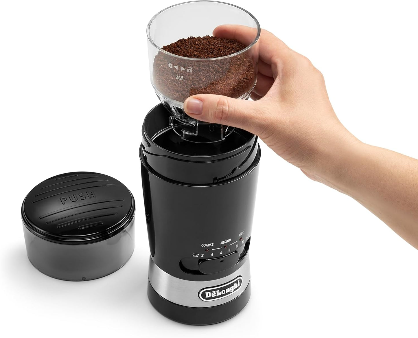 De'Longhi Electric Coffee Grinder, 110W, Burr Grinding System, 12 Settings, Stainless Steel Blade, 12 Cup Capacity, 120g Bean Container, Removable Transparent Lid – KG79, Black