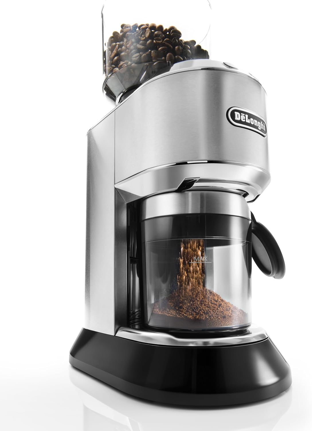 De'Longhi Electric Coffee Grinder, 110W, Burr Grinding System, 12 Settings, Stainless Steel Blade, 12 Cup Capacity, 120g Bean Container, Removable Transparent Lid – KG79, Black