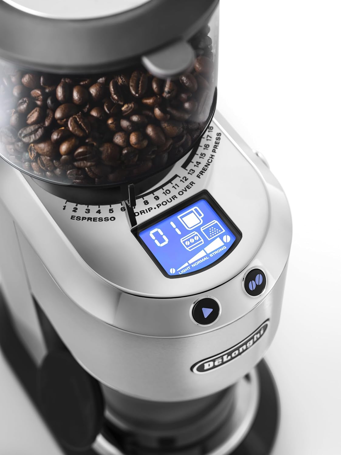 De'Longhi Electric Coffee Grinder, 110W, Burr Grinding System, 12 Settings, Stainless Steel Blade, 12 Cup Capacity, 120g Bean Container, Removable Transparent Lid – KG79, Black