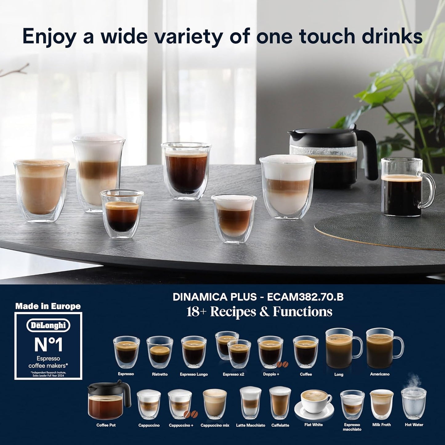 De'Longhi Fully Automatic Coffee Machine DINAMICA PLUS Bean to Cup Espresso, 18+ Pre-Set One Touch Recipes for Americano, Cappuccino, Latte, Macchiato & More (Made in Europe)