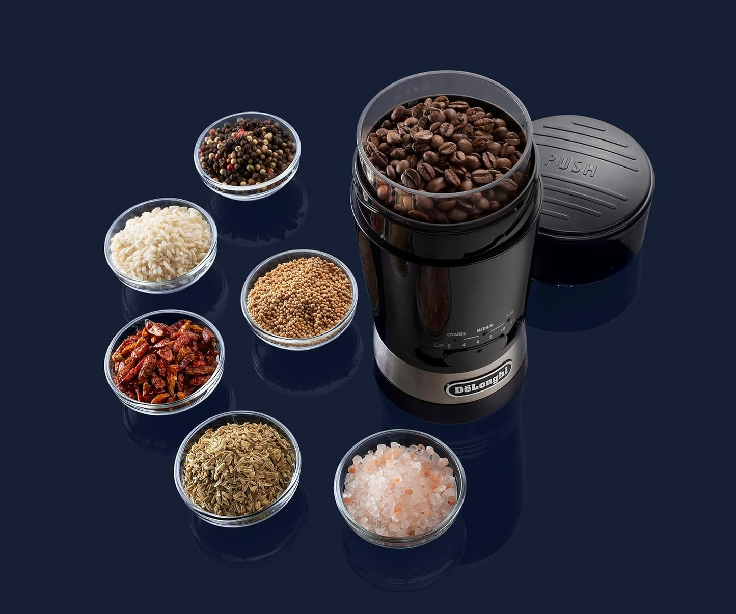De'Longhi Electric Coffee Grinder, 110W, Burr Grinding System, 12 Settings, Stainless Steel Blade, 12 Cup Capacity, 120g Bean Container, Removable Transparent Lid – KG79, Black