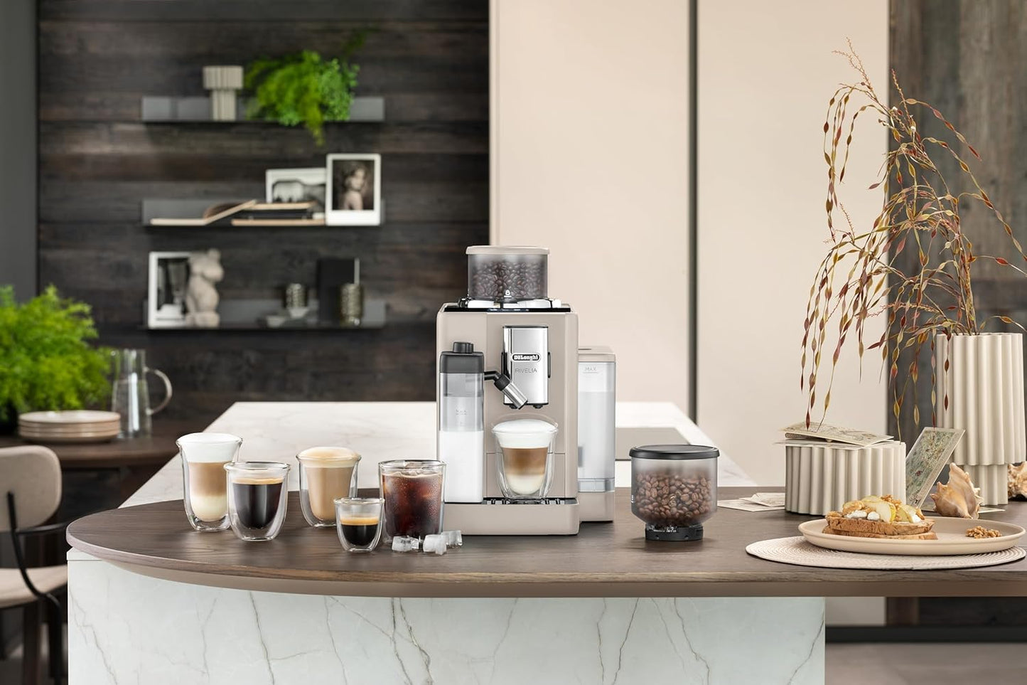 De'Longhi Rivelia EXAM440.55.BG Fully Automatic Coffee Machine – LatteCrema Hot, Automatic Milk Frother, Bean-to-Cup, 16 Coffee Recipes, Compact Design, Full Touch Color Display – Sand Beige