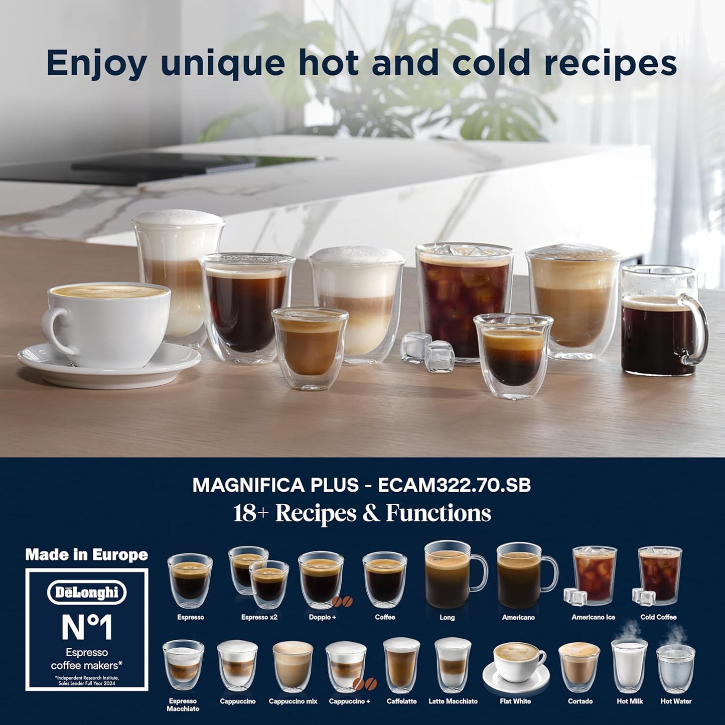 De'Longhi MAGNIFICA PLUS Fully Automatic Coffee Machine, Bean to Cup Espresso Machine with Milk Frother, 20+ One-Touch Recipes for Espresso, Cappuccino, Latte, Macchiato & Americano, ECAM322.70.SB