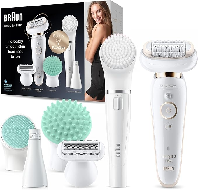 Braun Silk-épil 9 Flex Beauty Set 9300 – Women’s Epilator with Fully Flexible Head, FaceSpa, Shaver & Massage Attachments (White/Gold)