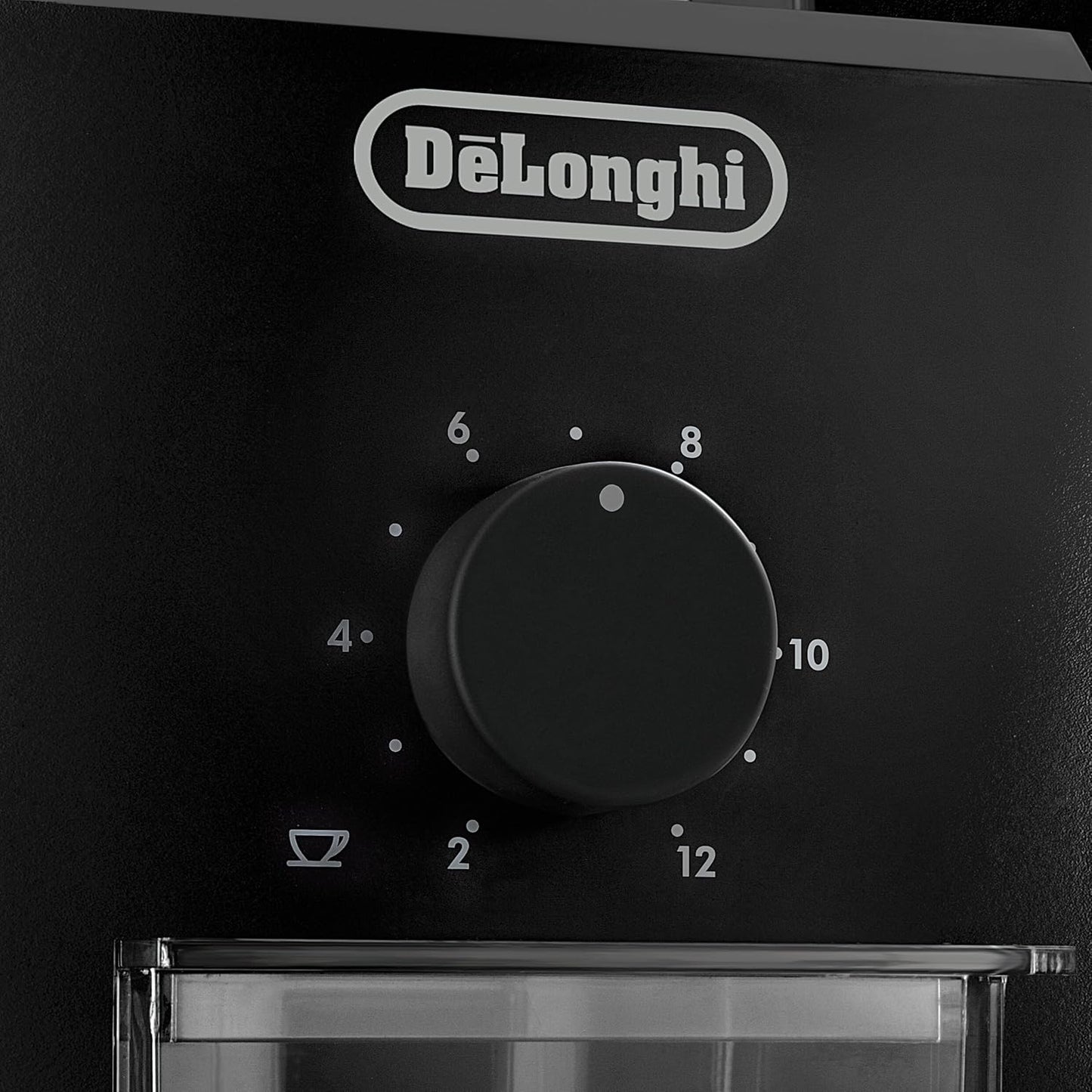 De'Longhi Electric Coffee Grinder, 110W, Burr Grinding System, 12 Settings, Stainless Steel Blade, 12 Cup Capacity, 120g Bean Container, Removable Transparent Lid – KG79, Black