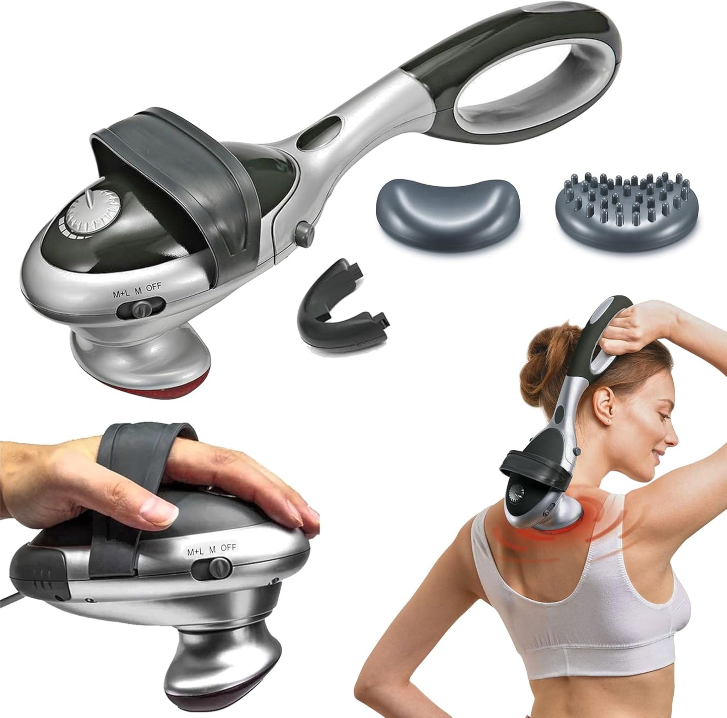 Handheld full body massager for pain and stress relief on back, neck, shoulders, and legs.