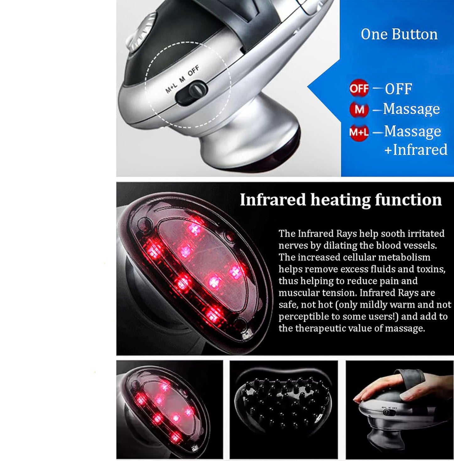 Handheld full body massager for pain and stress relief on back, neck, shoulders, and legs.