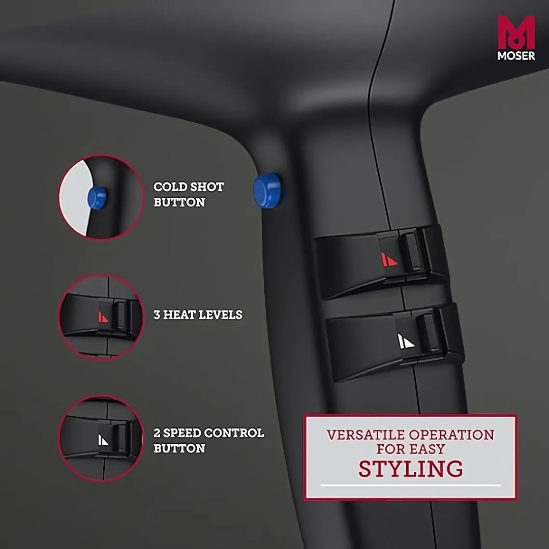 A black Edition Pro 2 hair dryer with two detachable precision styling nozzles