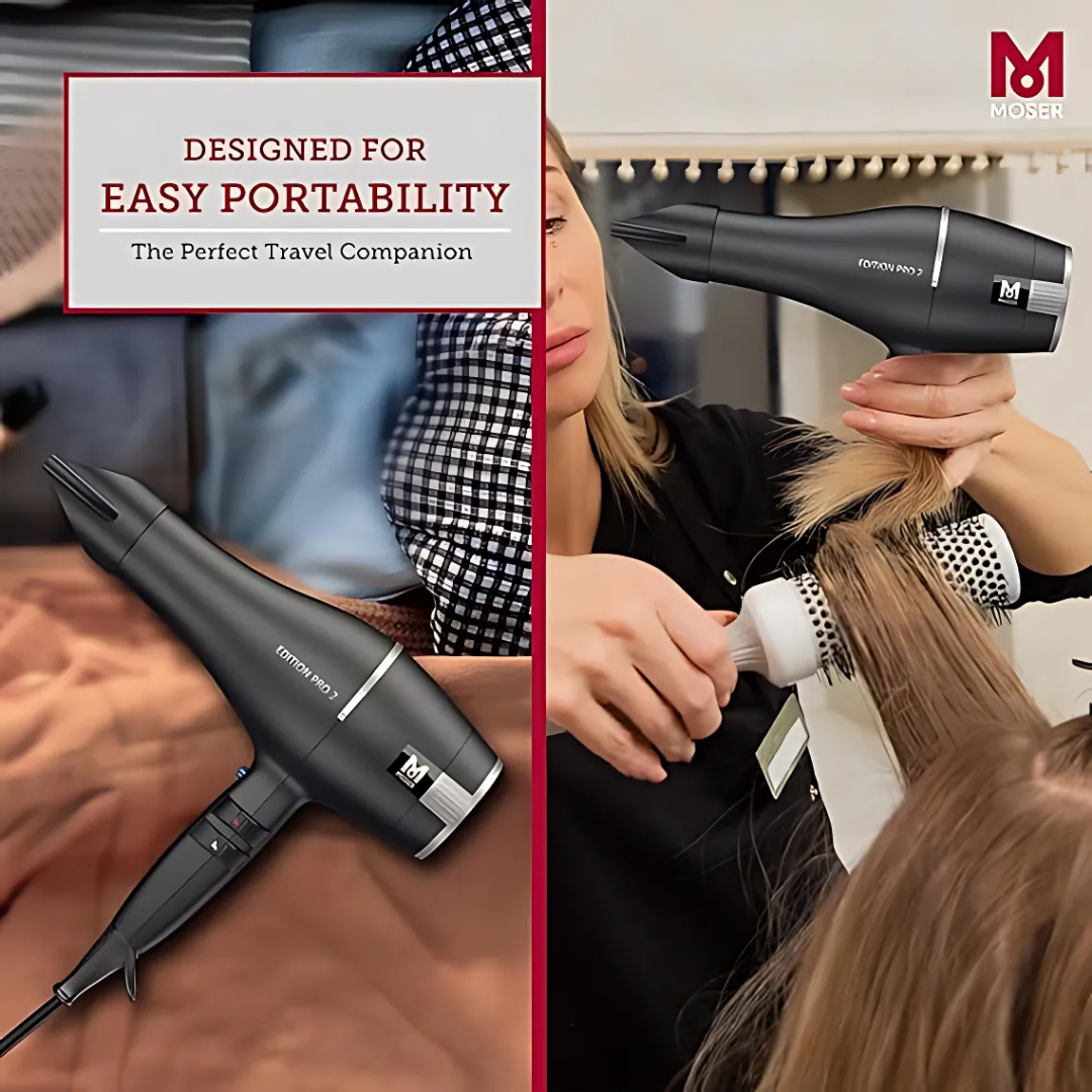 A black Edition Pro 2 hair dryer with two detachable precision styling nozzles