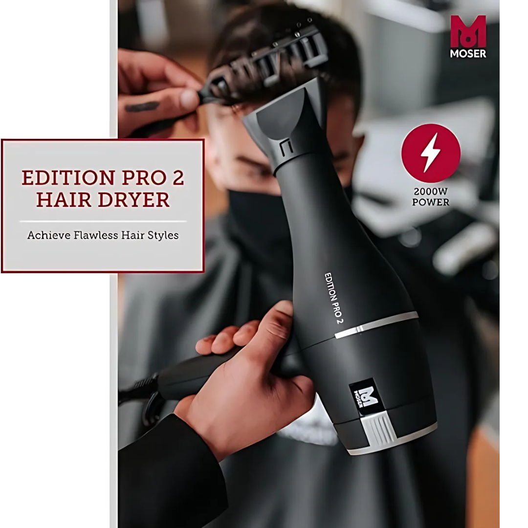 A black Edition Pro 2 hair dryer with two detachable precision styling nozzles