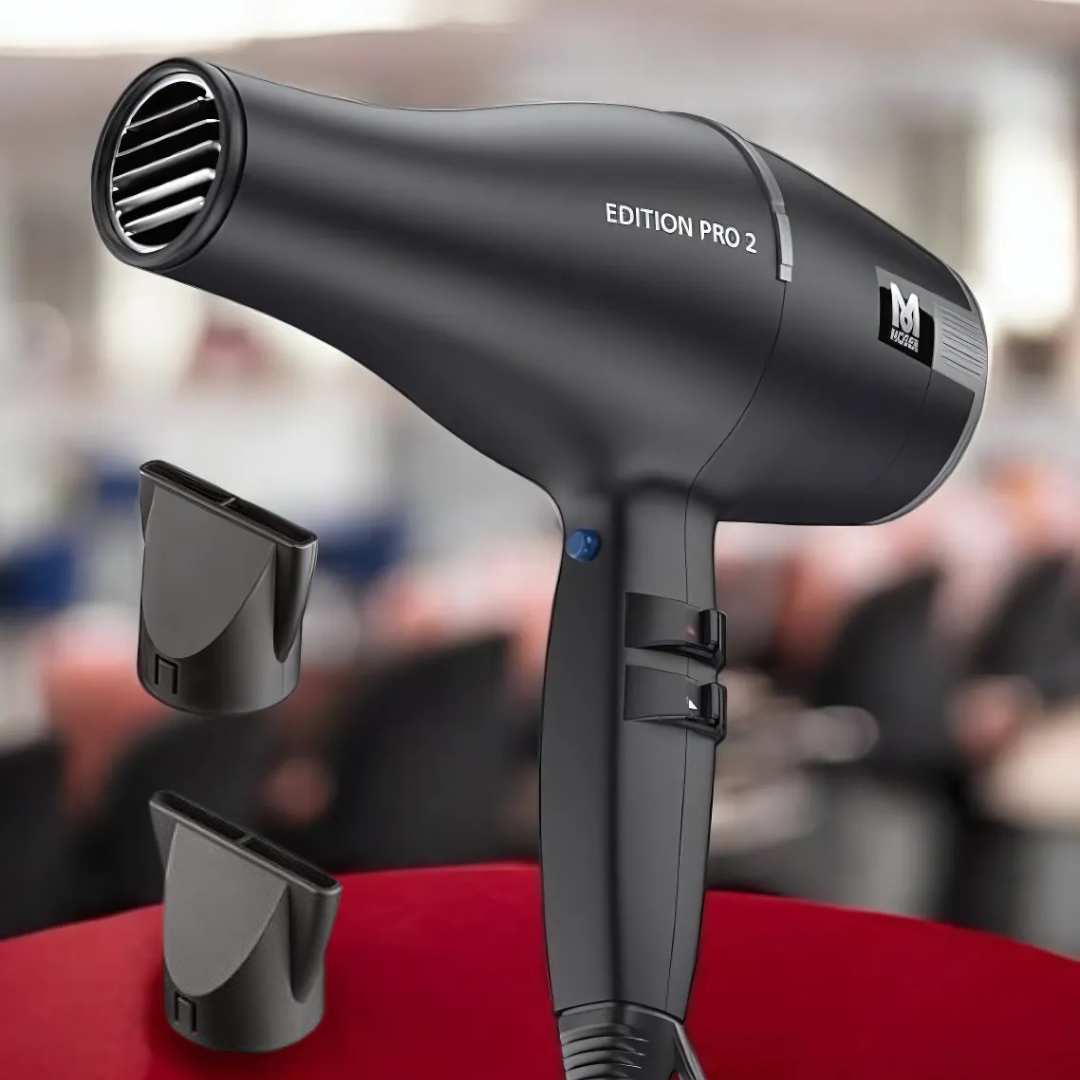 A black Edition Pro 2 hair dryer with two detachable precision styling nozzles