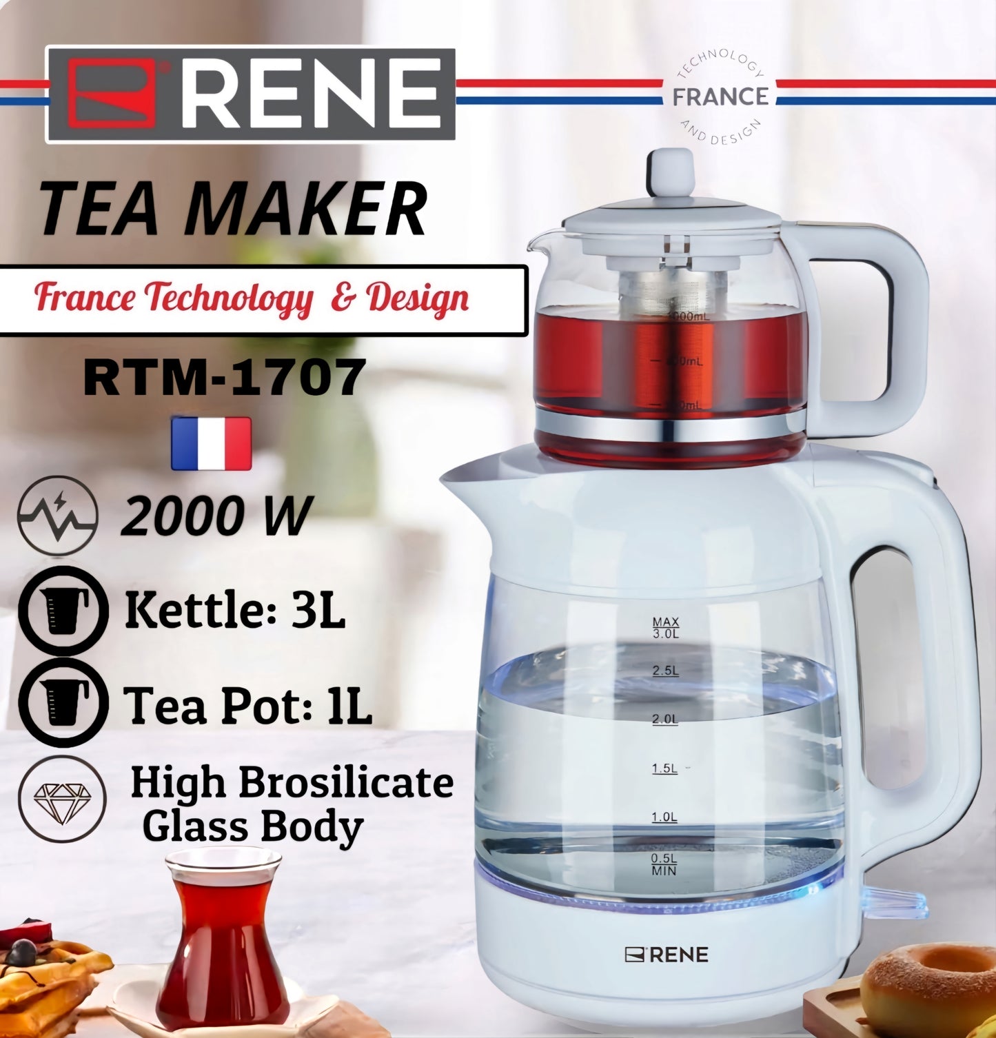 Rene RTM 1707 Tea Maker Pro - Front View with 3.0L Kettle and 1.0L Teapot
