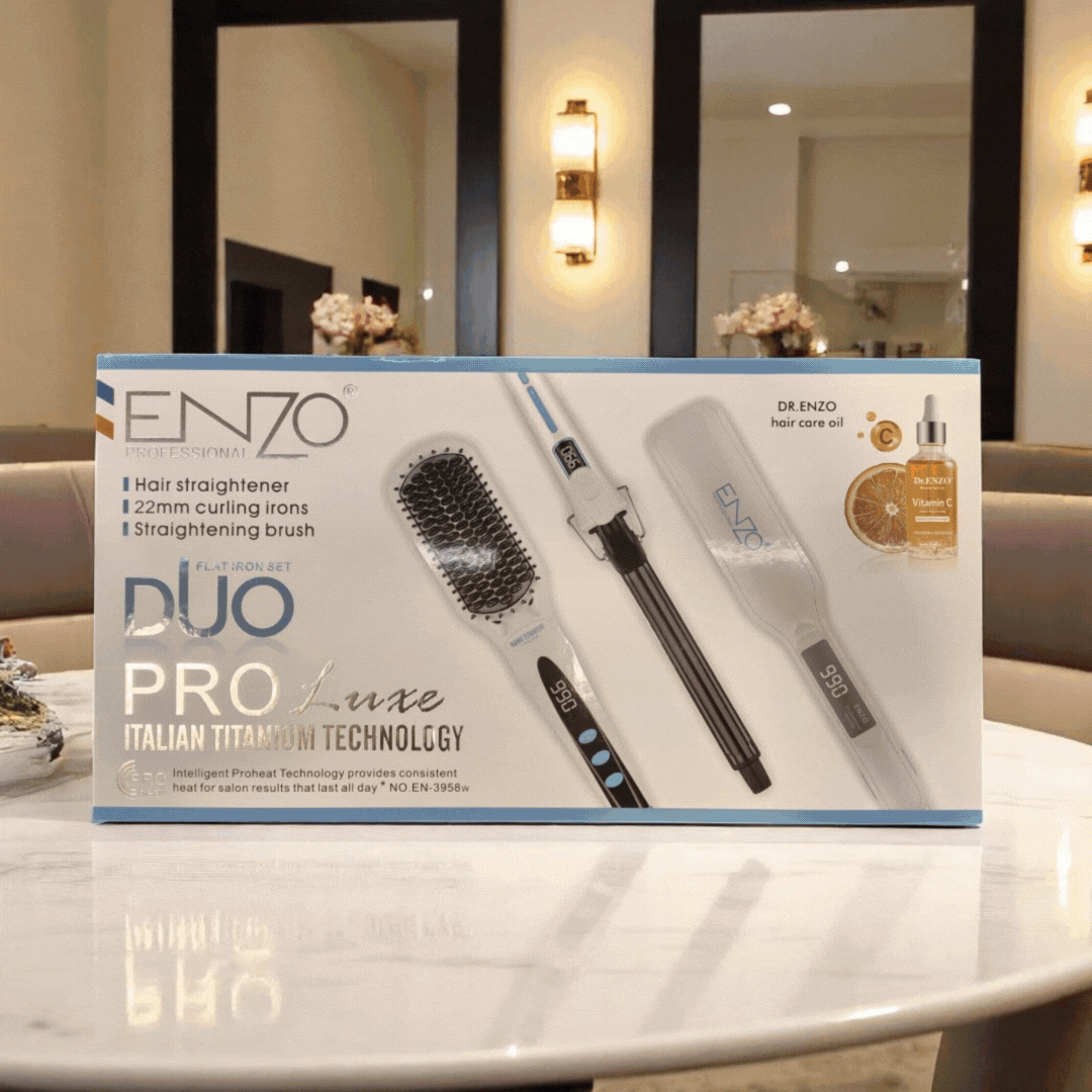 ENZO ProLuxe EN-3958W Hair Styling Set including straightener, curling iron, and brush with Vitamin C oil