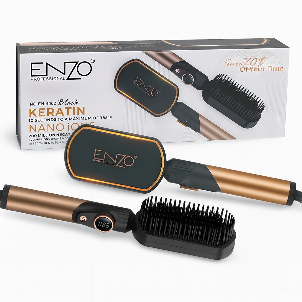 PrecisionWare ENZO EN-4002 Gold Hair Straightener Brush Salon Styler, Volumizer, and Ceramic Heating Ionic Hair Straightener Comb UAE Version